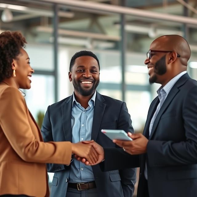 Two happy business partners collaborating on a project, showcasing a successful partnership.